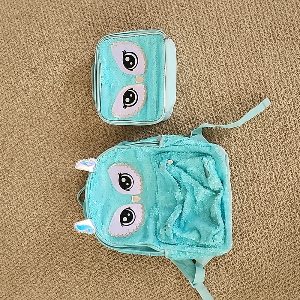 Justice Sequin Owl Backpack & lunchbox
